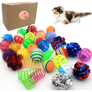 Cat Toys Kitten Assortment - Rainbow, Crinkle, Sparkle, Bell & Sisal Balls for All Cats - 30 Packs
