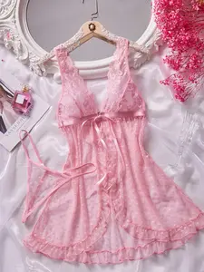 Women's Valentine's Day Gift Set, Casual Cute Home Sleepwear Loungewear 2-Piece, Underwear, Fitted, Deep V Neck, Openable Bust, Embroidered Floral Pattern, All Seasons