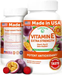 Lunakai USA Made Vitamin E Gummies 400IU with Vitamin C - Vegan, Non-GMO, Edible Supplement for Skin & Eye Health - 60ct for Daily Fitness Support