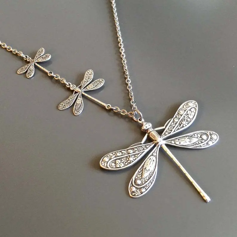 Dragonfly Pendant Necklace, Creative Pattern, Asymmetric Retro Geometric Design, Whimsical Artificial Gemstone Jewelry Accessory, Whimsical Jewelry