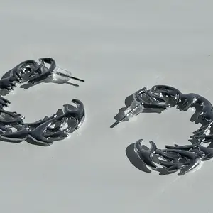 Silver-Tone Flame Hoop Earrings – Y2K Punk Gothic Statement Jewelry, Rhinestone Detail for Women