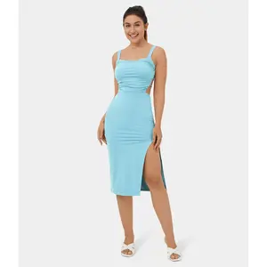 Halara Ruched Backless Crisscross Lace Up Split Bodycon Midi Casual Dress#prom Slit Sleeveless  Fashionable Elastane Comfortable Elegant Womenswear Summer