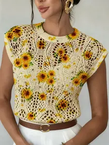 Women's Sunflower Bee Print Round Neck Sweater, Casual Loose-Fitting Knit Top, Breathable Summer Fashion, Hollow-Out Design
