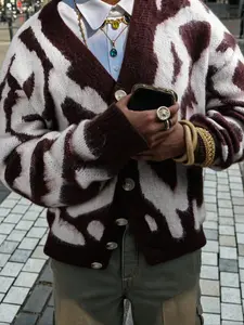 Men's Fall Winter Casual Loose Fit V Neck Button Front Knit Cardigans Sweater Coat, Soft Plush Colorblock Street Style Outerwear for Leisure Outings