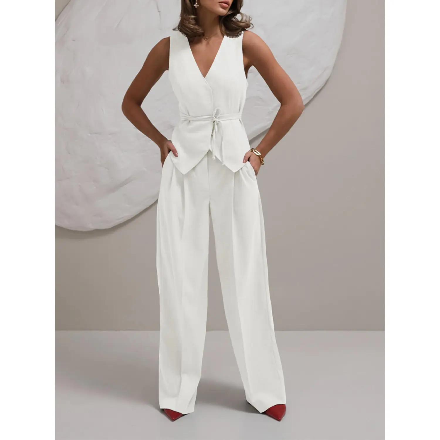 FMEYOA Womens 2 Piece Outfits V Neck Tie Waist Blazer Vest and Wide Leg Business Casual Suit Pants Sets