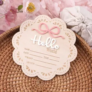 Bow Shape Baby Birth Announcement Board, Hello World Newborn Photography Prop, Wooden Baby Name Plate, Infant Party Decoration, Wooden Letter Sign