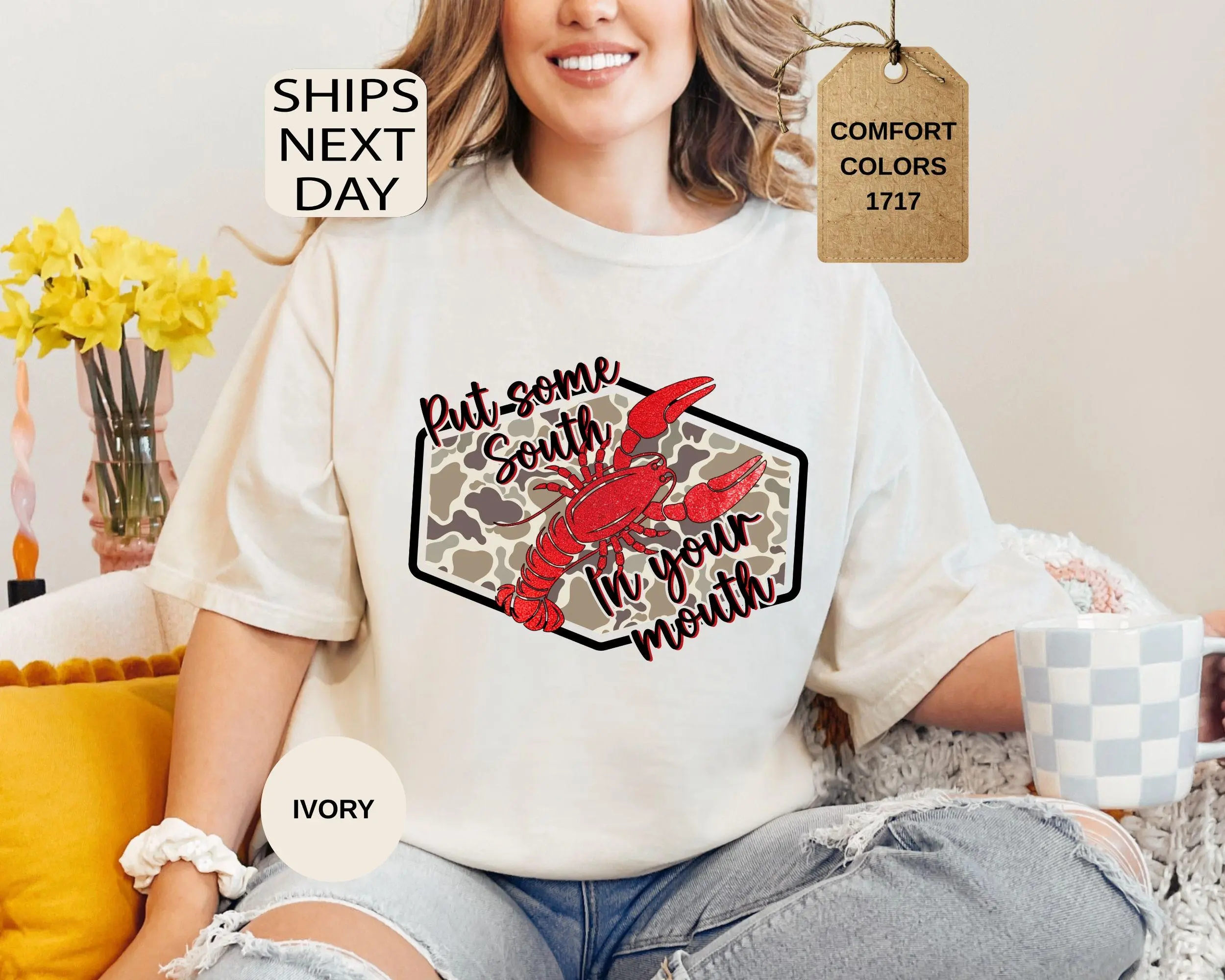 Comfort Colors Camo Crawfish Shirt, Put Some South In Your Mouth Shirt, Funny Southern T-shirt