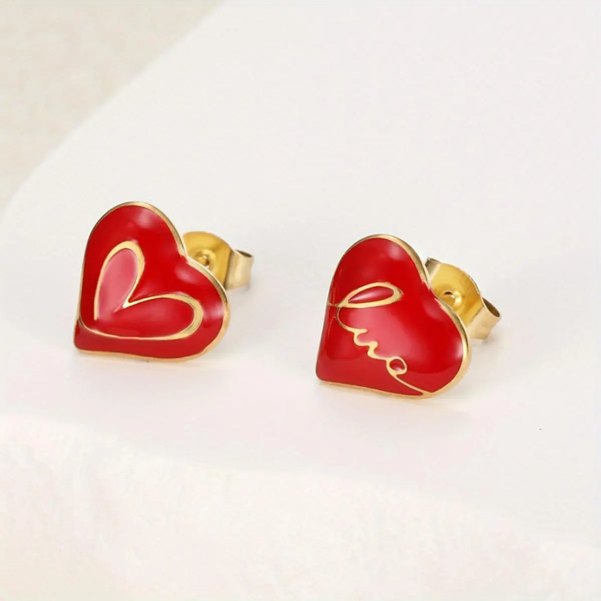 1-Pair Elegant Red Oil-Dripping Heart-Shaped Stainless Steel Bead Earrings - No Tarnish, Ideal for Party, Anniversary, Perfect Gift for Women's Special Occasions, Beads, Ideal Gift Accessories, Perfect Ideal Gift Accessories