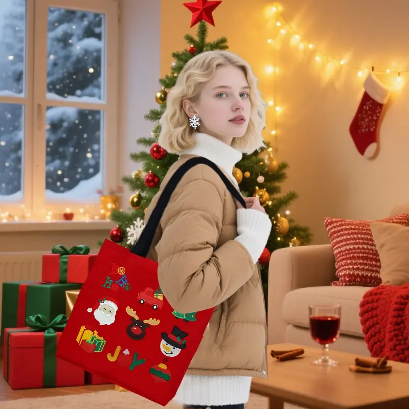 Christmas Gift Bags Cartoon Santa Claus Elk Christmas Tree Tote Canvas Bag Large Capacity Holiday Shopping Bag Happy New Year