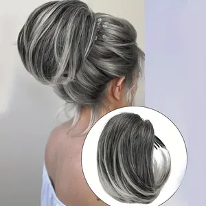 Full Short Ponytail Hair Bun Gray White Tip Black Brown Synthetic Water Wave Curly with Comb Bread Clip Drawstring Extensions