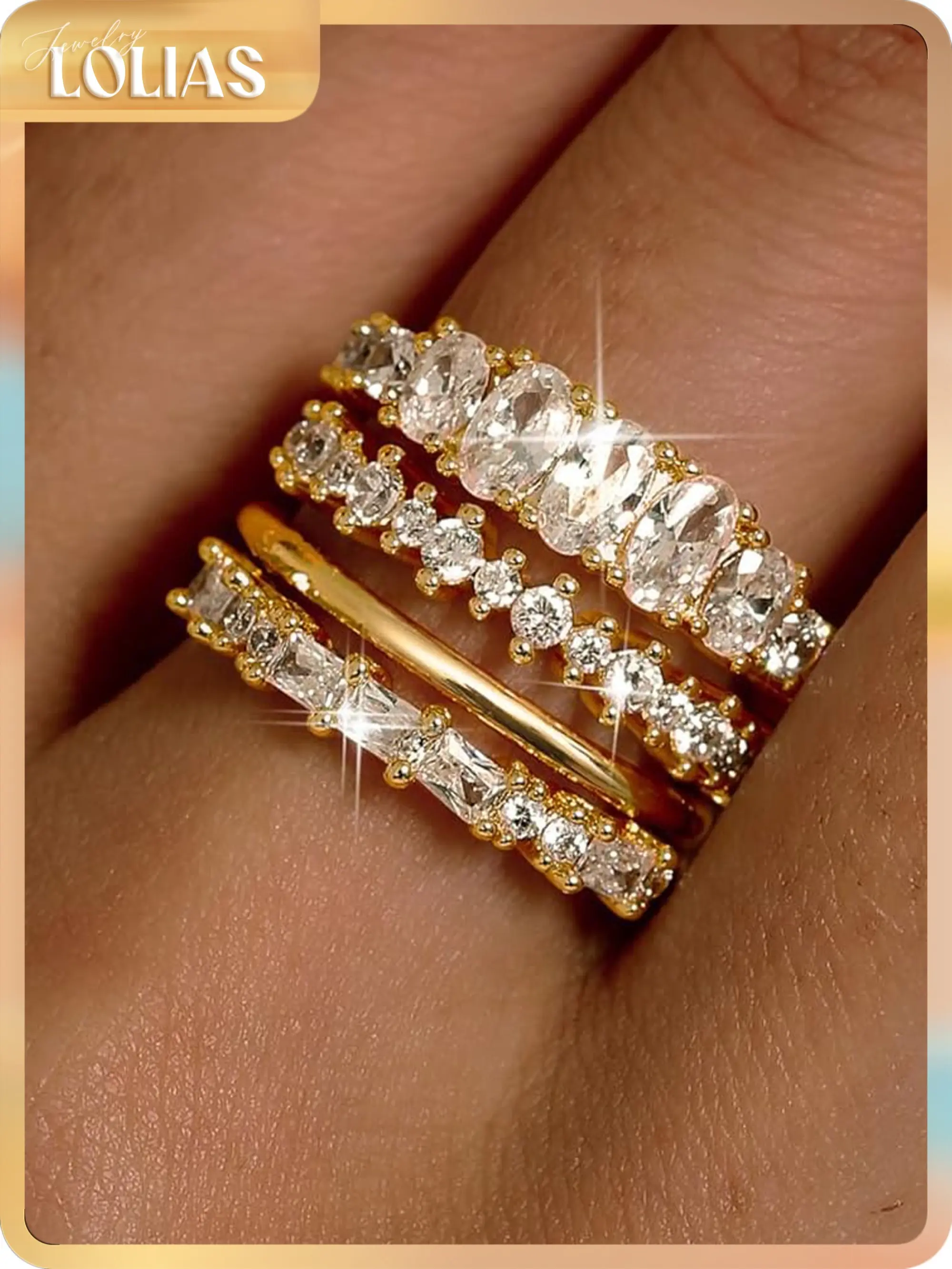 LOLIAS Women's 14 Karat Gold Plated Non Tarnish Jewelry Stackable Rings Set - Dainty Cubic Zirconia Ring Stack, Minimalist Trendy Statement Band for Daily Wear, Sizes 5-10