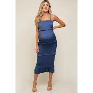 Blue Satin Smocked Fitted Maternity Maxi Dress