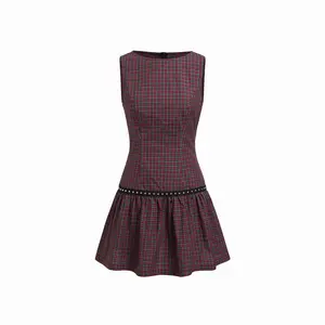 Cider Round Neck Plaid Studded A-line Mini Dress Dealsforyou