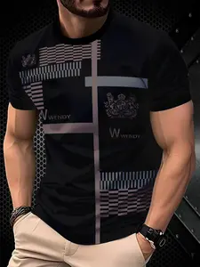 Men's Regular Fit Geometric Print Short Sleeve Tee, Casual Comfy Round Neck T-shirt for Daily Wear, Men's Top for All Seasons