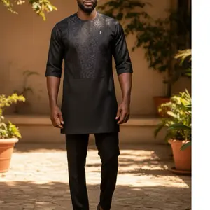2 Piece African Elegant Black  Wear for Men - Traditional Fit, 3/4 Sleeves, Stylish Design