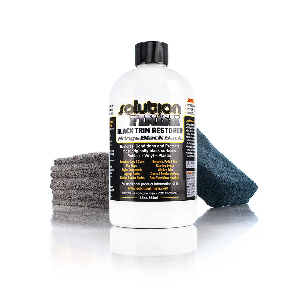 Solution Finish Black Plastic Trim Restorer Full Installation Kit - Universal Cleaning Kit for Plastic & Rubber Care, 12oz Enrich & Condition & Protect Formula, 2 Microfiber Towels, Applicator Sponge, Gloves, Universal Cleaning Kit Plastic & Rubber Care
