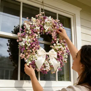 Spring Artificial Bow Full Star Wreath, Home Decor for Windows, Walls, Porches, Bedroom, Perfect for Mother's Day, Weddings, Events, Floral Hanging Ornaments