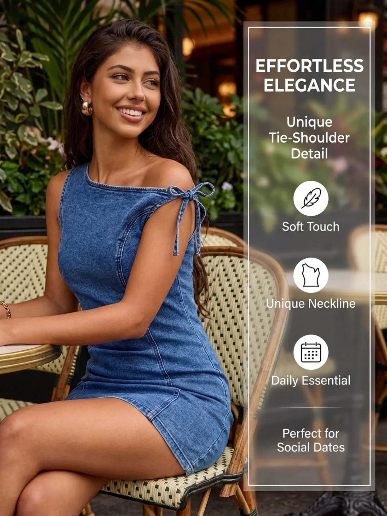 American Style Asymmetrical Neckline Denim Dress with Tie Design, Slim-Fit Dress, Fashion Style Sleeveless Bodycon Dress, Casual Wear, Short