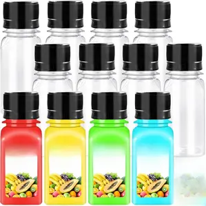 12 Pcs 2oz Small Shot Bottles with Black Caps,Plastic Ginger Shots Containers with 4 Funnels,Clear Empty Plastic Juice Bottles for Juice, Milk.