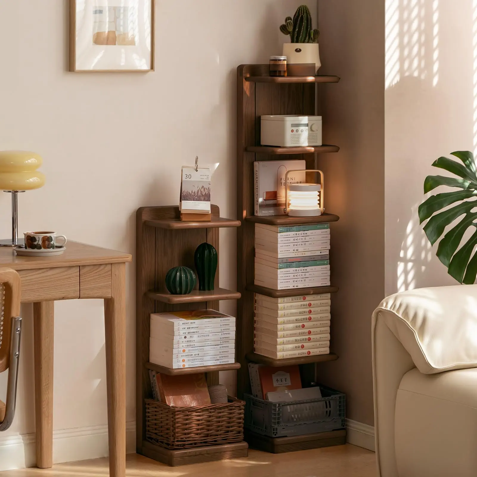 Wayshome 4/5-Tier Solid Wood Invisible Bookshelf, Standing Oak Book Tower, Creative Corner Storage Rack Bookshelf for Study organic decor