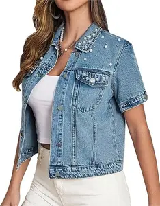 LifeShe Women's Pearls Denim Jacket Casual Short Sleeve Cropped Jean Jackets Coats
