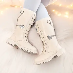 [Stylish Girls' Boots] Black Diamond Pattern Girls' High Boots with Side Zipper & Chain Decor |       Rubber Sole, Sizes 10.5-5, Stylish British-Inspired, Perfect for Fall/Winter Princess Look