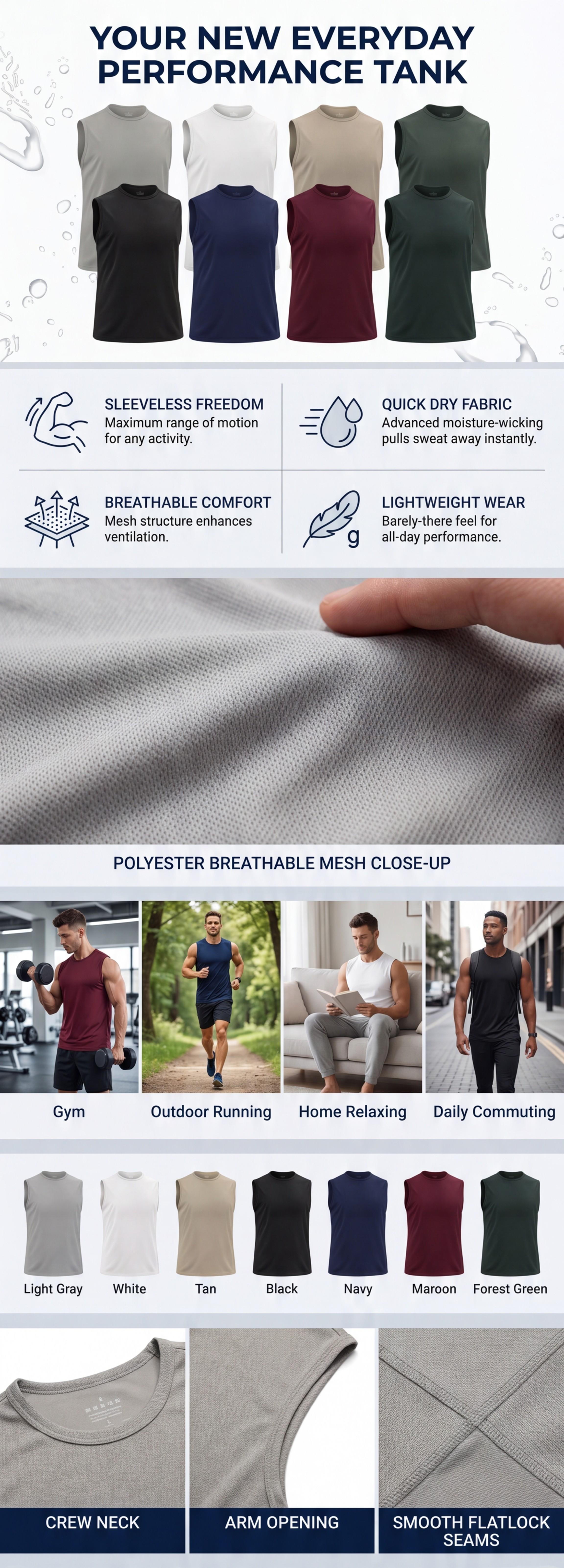 Men's 7-Pack Plain Polyester Sleeveless Tank Tops - Moisture-Wicking, Quick-Dry Athletic Undershirts for Gym, Running