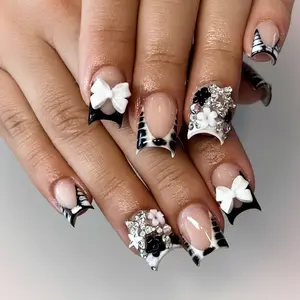 French Tip Press-On Nails - Short Square Design with Bow Charms, Black & White Zebra Print, Small Flowers & Silver Star Rhinestones, 24 Pcs Stick-On Fake Nails for Women