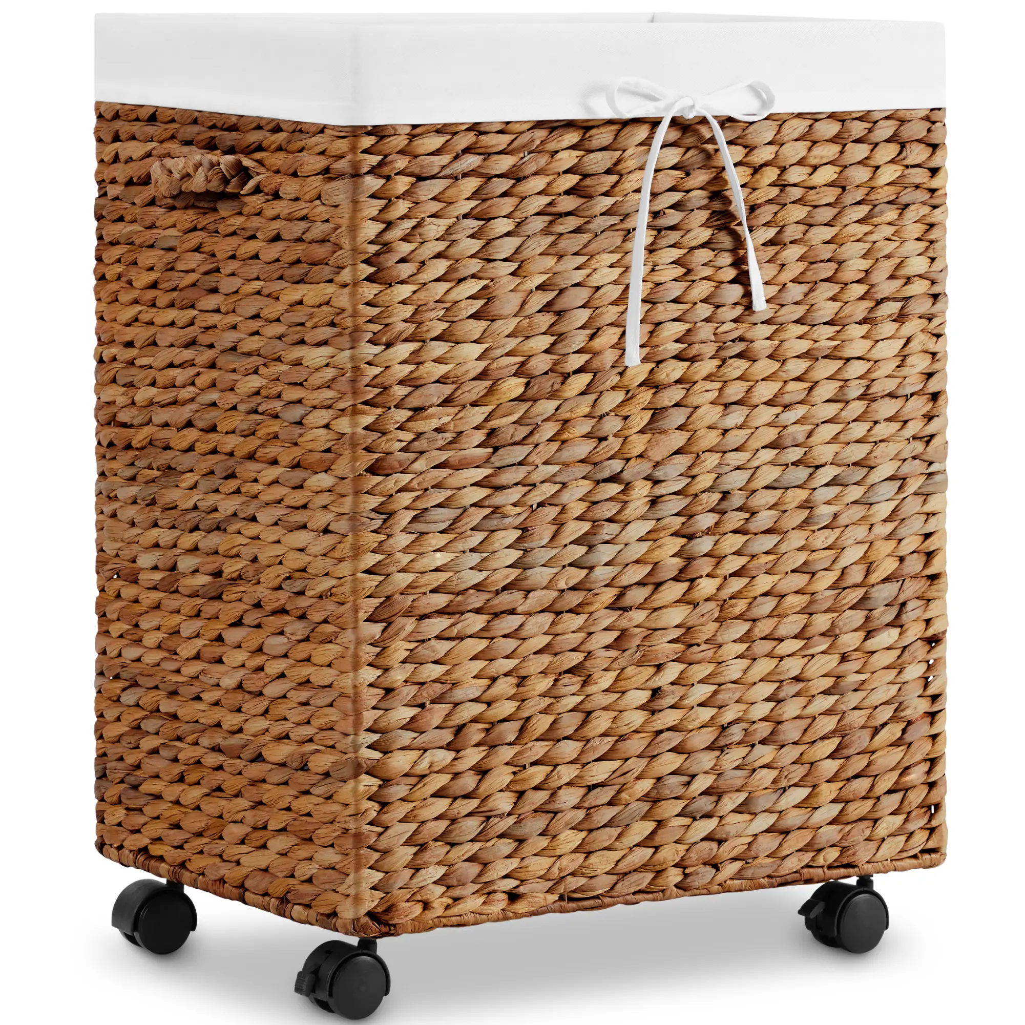 Best Choice Products Medium Laundry Hamper W/ Rolling Wheels, Woven Hyacinth Laundry Basket W/ Liner, 24 Gal