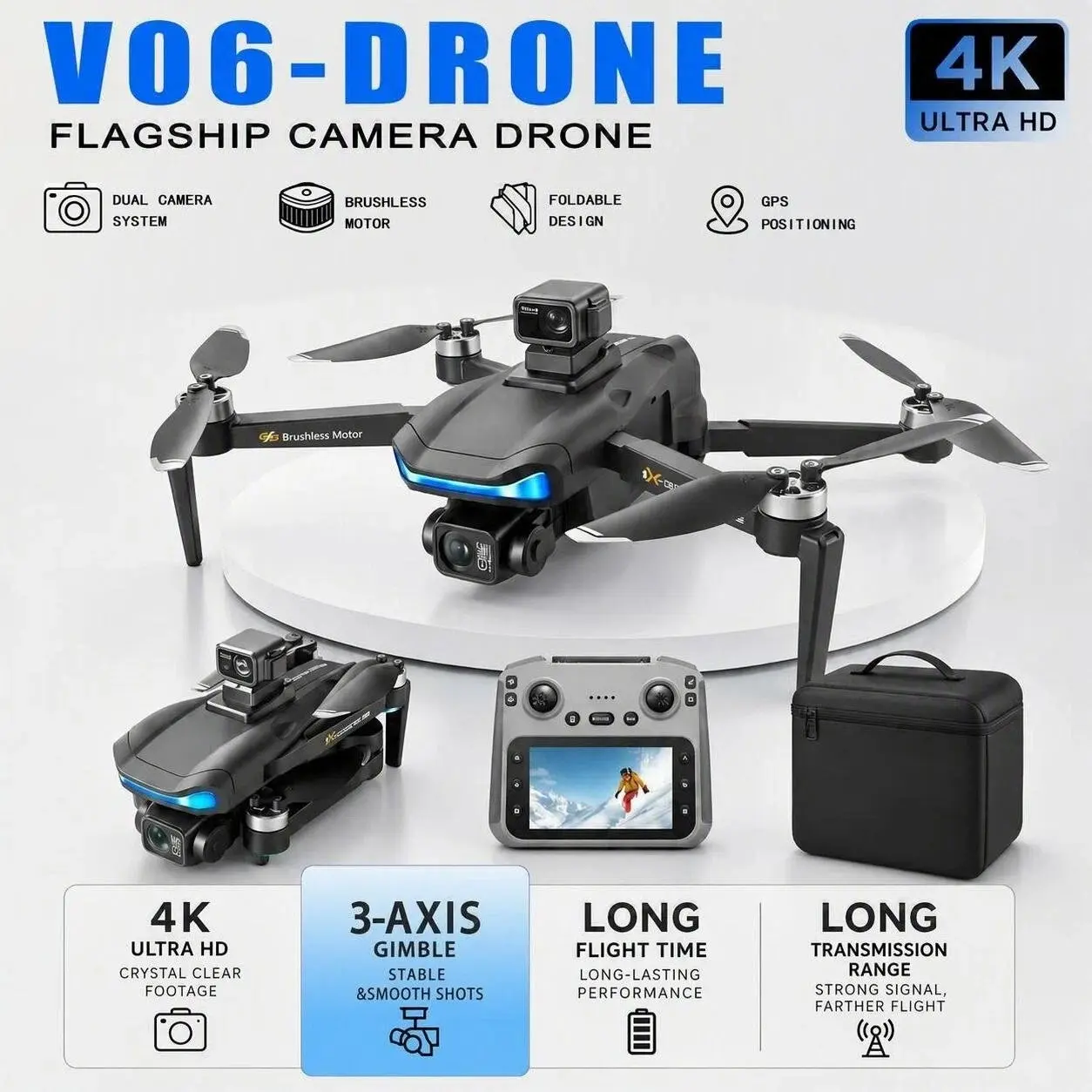 V06 Beginner-Friendly Drone with 3-Axis Gimbal - 249g Plastic Body, Newly Upgraded Camera Stabilization for Less Shake Footage, 4K, 5G Signal, GPS Positioning, 6500ft Flying Height, Wi-Fi, Handheld Remote, Micro SD Support (Drones & Accessories)