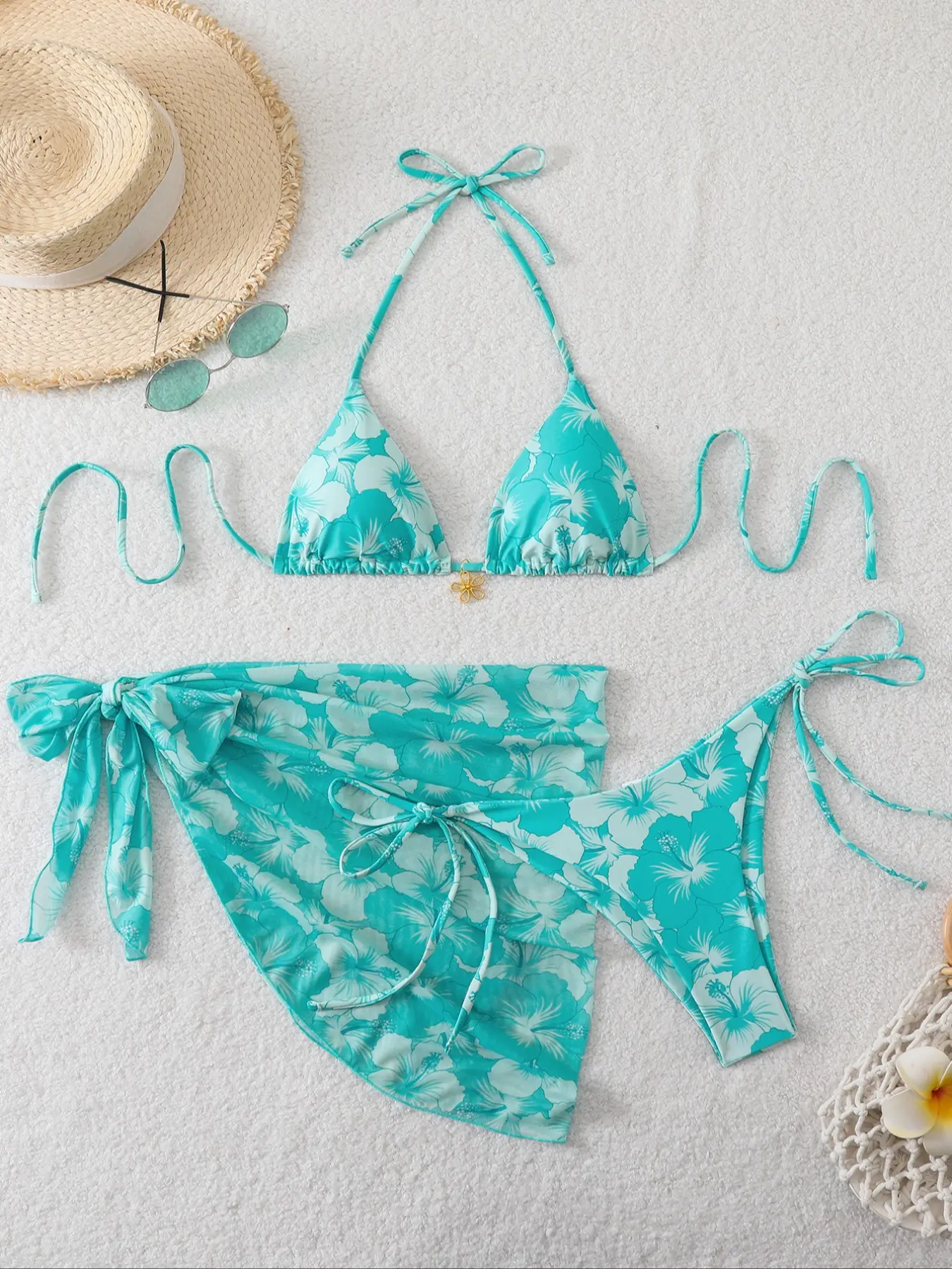 Women's Floral Print Bikini Set with Metal Accessories, Three-Piece Swimsuit with Skirt, Stylish Beachwear for Women, Tie Back Bikinis, Stylish Bathing Suit, Swimwear Sets