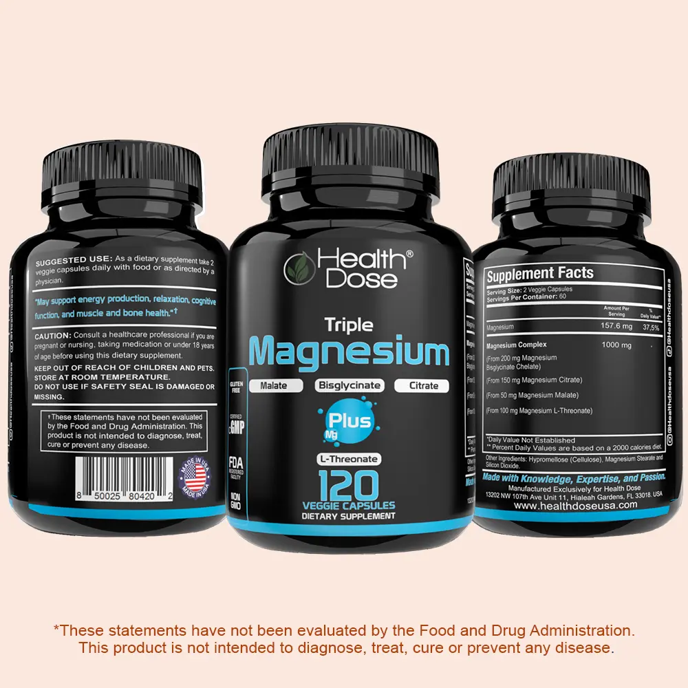 Health Dose Triple Magnesium Complex – 120 Veggie Capsules, 3 Forms: Bisglycinate, Citrate, Malate & L-Threonate, Supports Energy, Cognitive Function, Muscle & Bone Health Endurance Supplement Essential Aminos