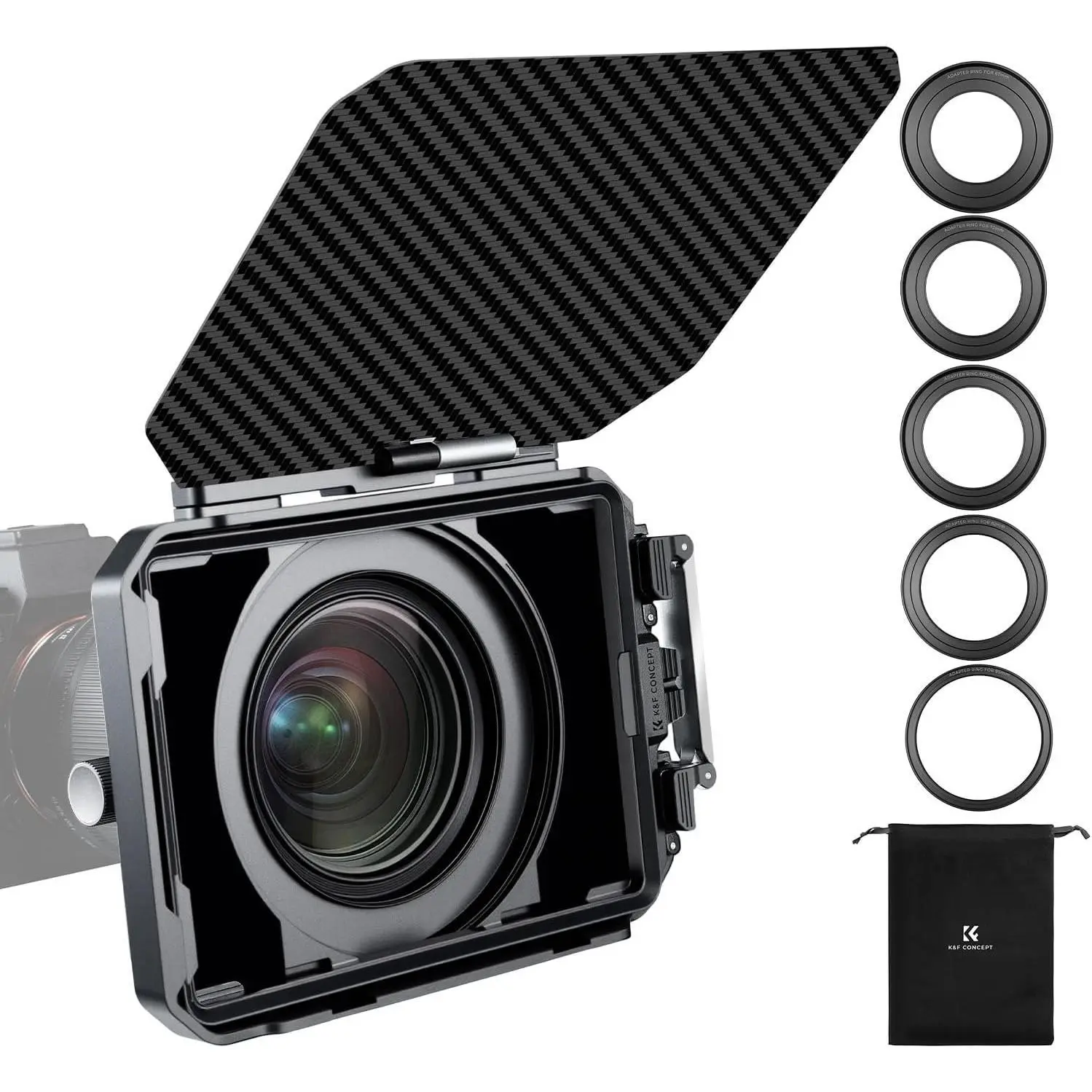 【K&F CONCEPT】Matte Box, DSLR Camera Matte Box with Carbon Fiber Top Flag, with 67/72/77/82/95mm Adapter Rings for 4x5.65 ND UV Filter/Circular Filter, Accessories, Digital Camera Accessories