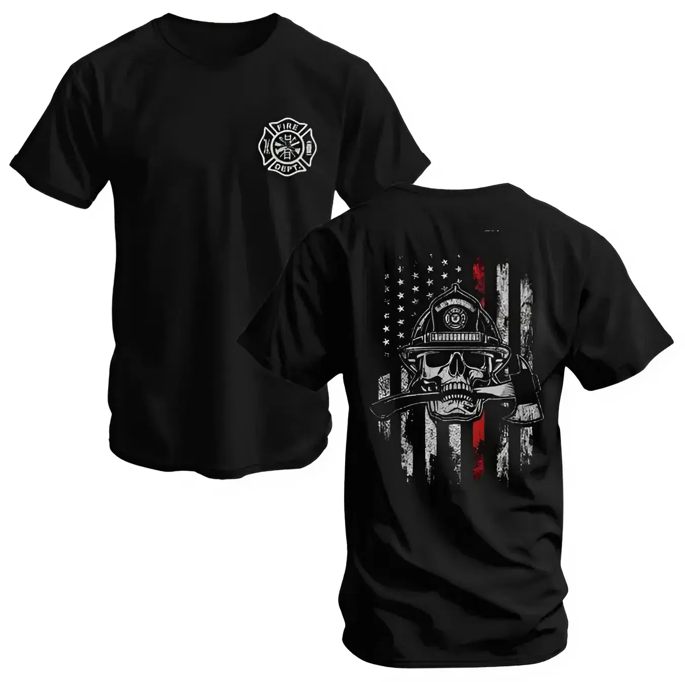 Firefighter Skull Flag T-Shirt, Soft Cotton Blend Shirt, American Flag Graphic Tee with Firefighter Emblem, Heroic First Responder Apparel for Men & Women, Firefighter Gift Idea
