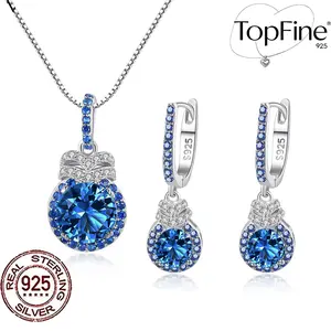 1 Set 925 Sterling Silver Blue Tanzanite & Cubic Zirconia Dangle Drop Round Pendant Necklace And Earrings, Party Wedding Jewelry Set For Women, Festival Gift