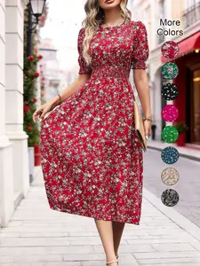 Women's Floral Print Bubble Hem Dress, Round Neck Waist Cinched Design, Boho Style Midi Skirt, Fitted Short Sleeve, All Seasons