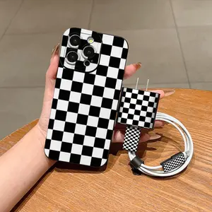Checkerboard Pattern Phone Case with Charger Head Cover & Cable Protector & Storage Rope, Anti-drop Shockproof Protective Phone Case for iPhone, Casing, Accessories