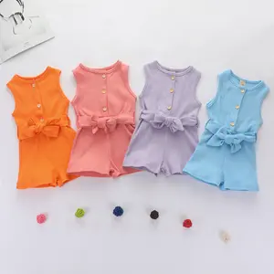 Ma&Baby Newborn Baby Girl Boy Romper Bodysuit Sleeveless Knit Jumpsuit Cute Solid Color Button  with Belt