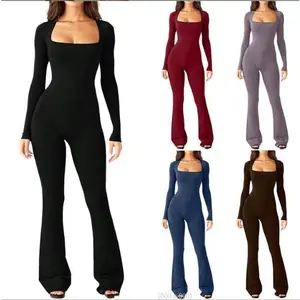 Women'sLongSleeveTummyControlWaistCincherHipLiftSquareNeckWideLegHighElasticJumpsuitBlackOverallsWomenswearWideleg