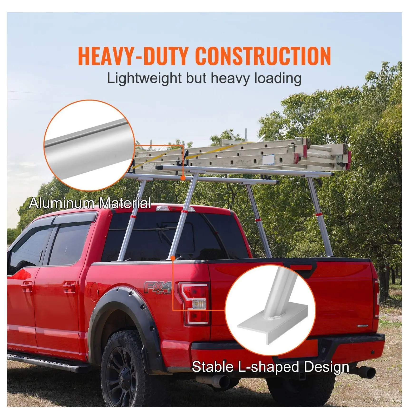 Truck Rack 800lbs Capacity, Adjustable Ladder Rack for Trucks, Aluminum Heavy Duty Bed Rack - Kayak, Surfboard, Lumber Carrier with C-Clamps 500 lbs
