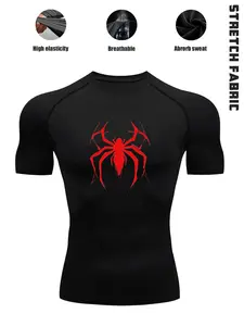 Men's Athletic Compression Tee, Quick Dry Elastic Breathable T-Shirt with Cool Spider Graphic Print, Sporty Design, Performance Base Layer Shirt for Gym, Running, Training & Outdoor Exercise, Moisture Wicking Tee, Compression Tops, Compression Shirts