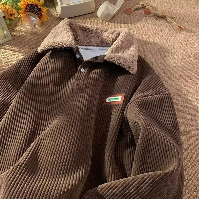 Men's Minimalist Corduroy Fitted Polo Sweater - Long Sleeve Thick Velvet-Lined Button Top for Casual Winter, New Year Fashion