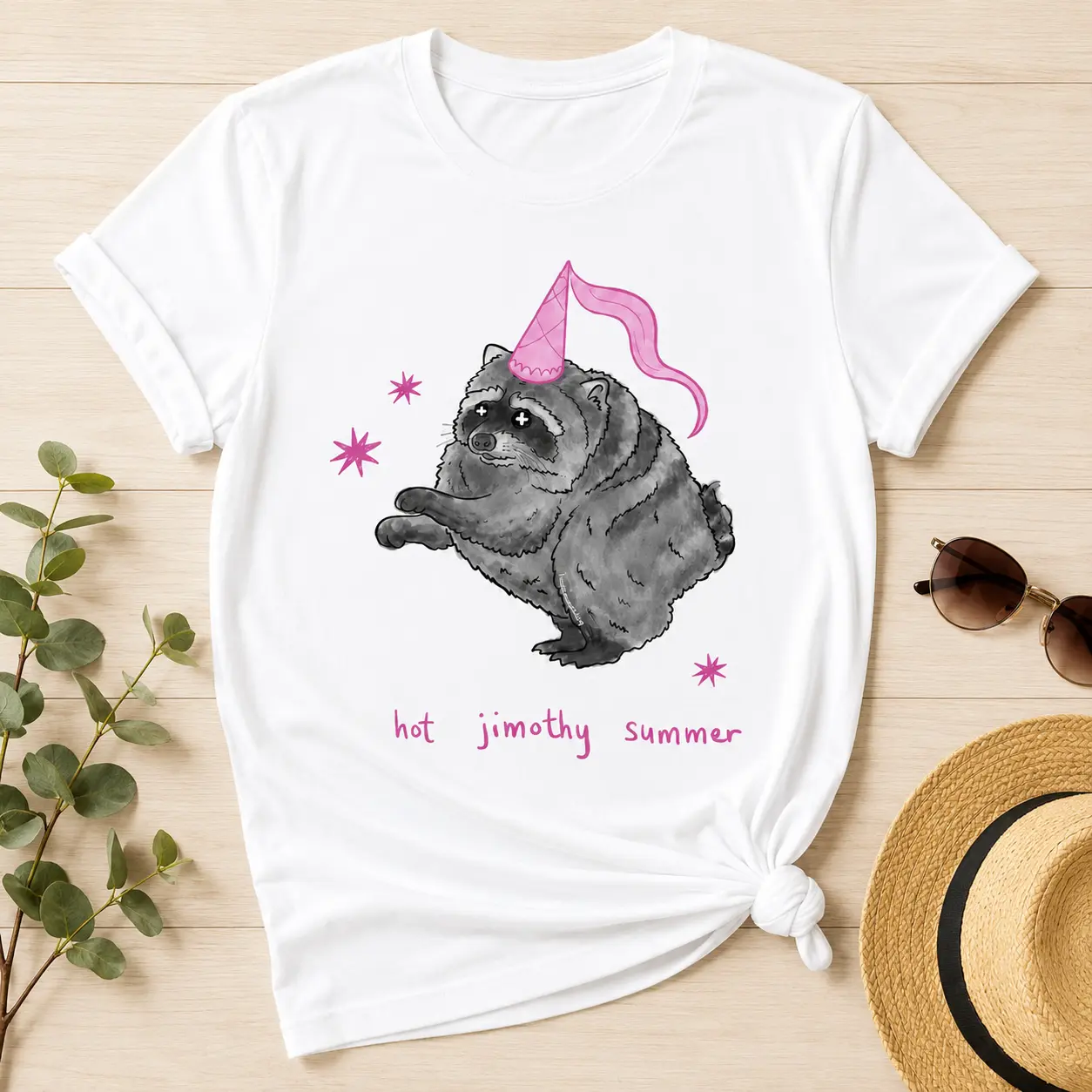 Hot Jimothy Summer Raccoon T-Shirt – Funny Pink Princess Party Animal Graphic Tee, Cute Unisex White Cotton Crewneck Top