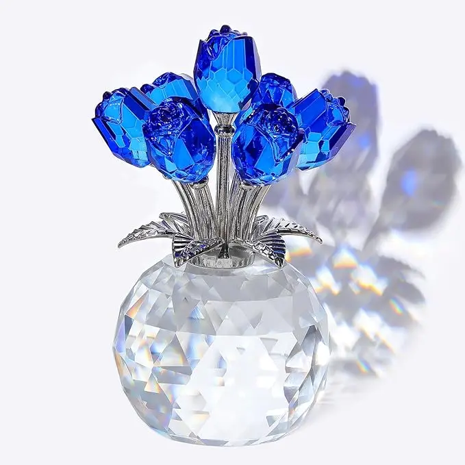 Blue Rose Crystal Figurine with Vase, Eternal Flower Bouquet Ornament, Handmade K9 Crystal Decor, Romantic Gift for Women, Luxury Table Decoration for Valentine's Day & Anniversary