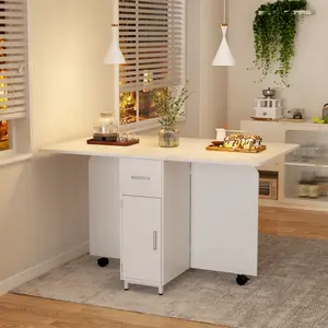 51''×31'' Folding Dining Table with Drawer and Cabinet，Foldable Multi-Functional Table with Drop Leaf and 2-Tier Storage Shelf, Space Saving Design