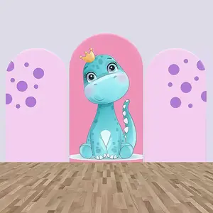 Pink Purple Cartoon Dinosaur Arch Covers Stretchy Backdrop, Cute Baby Dinosaur Crown Design, Perfect for Girls Baby Shower Birthday Party Photo Backdrop