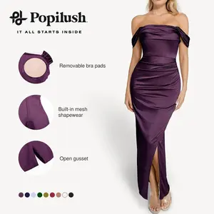 Popilush Built-in Shapewear Cocktail Maxi Dress Casual Everyday Fit Off Shoulder Shine Ruched Sculpting with Adjustable Fabric Bra Mesh Shimmer Comfort Minimalist Mesh Elegant Sleeveless Fit Overall Pleated Womenswear Outerwear