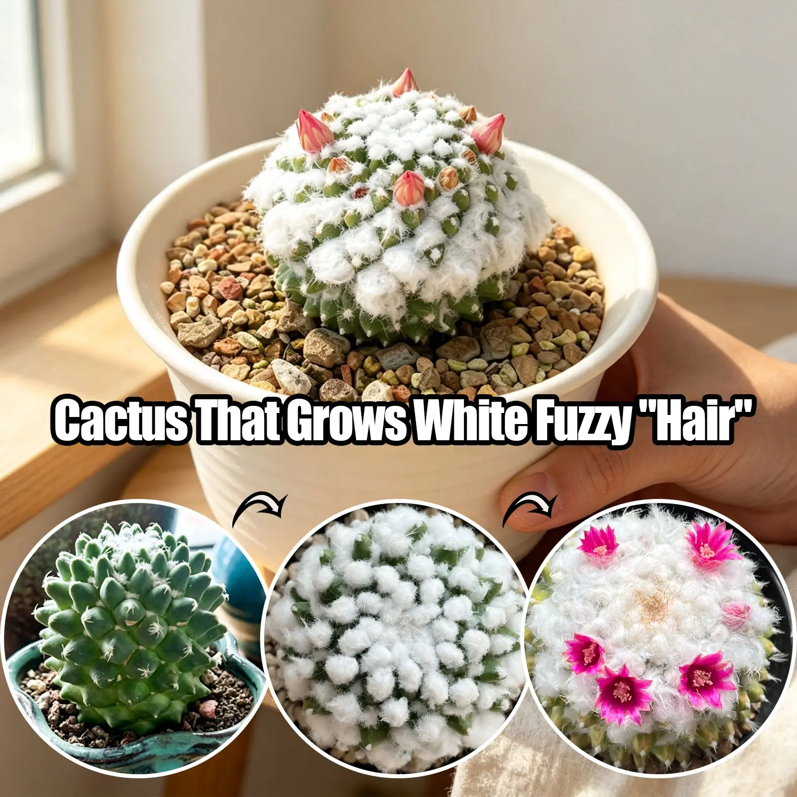 Live Ice Cream Cactus - Mammillaria, White Fuzzy Flowering Succulent for Home Garden Cacti & Succulent Collection