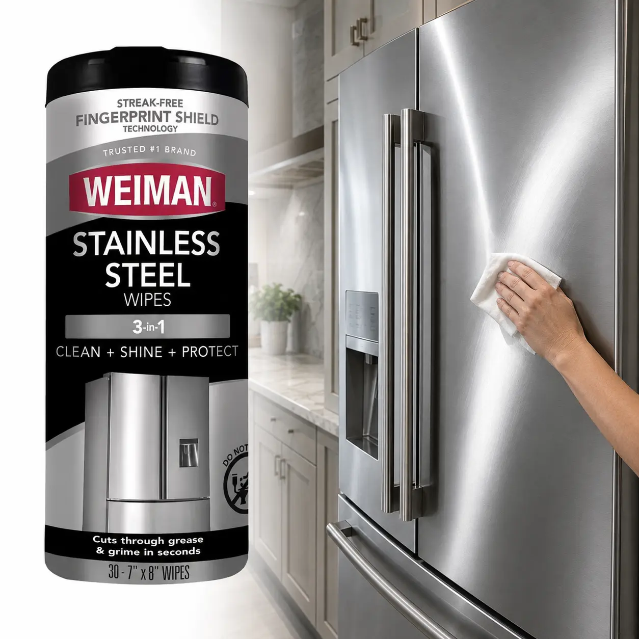 Weiman 12 oz. Stainless Steel Cleaner Wipes, Stainless Steel Canister Wipes, pH Neutral Formula, Clean and Polish in One Step, Protective Barrier Against Fingerprints and Smudges, Safe for Black Stainless Steel, Convenient Pre-Moistened Wipes.