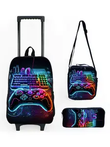 Game player pattern printed 17 inch pull rod backpack three piece set Luggage Trolley Bags Rolling Bags